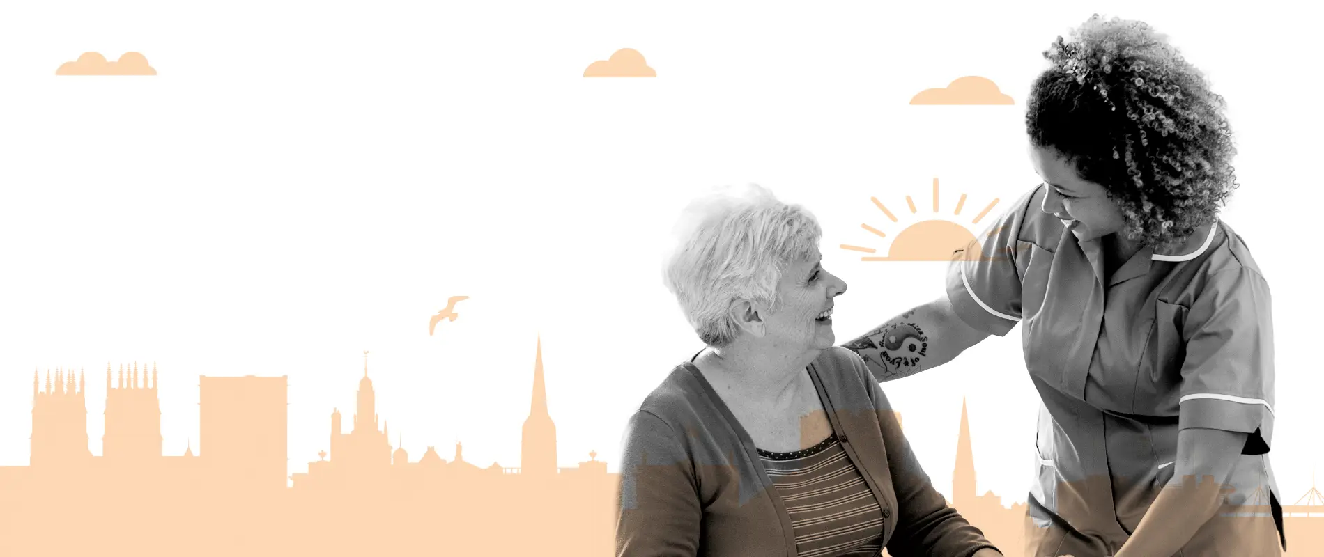 Image showing a female carer over a background silhouette of the York skyline