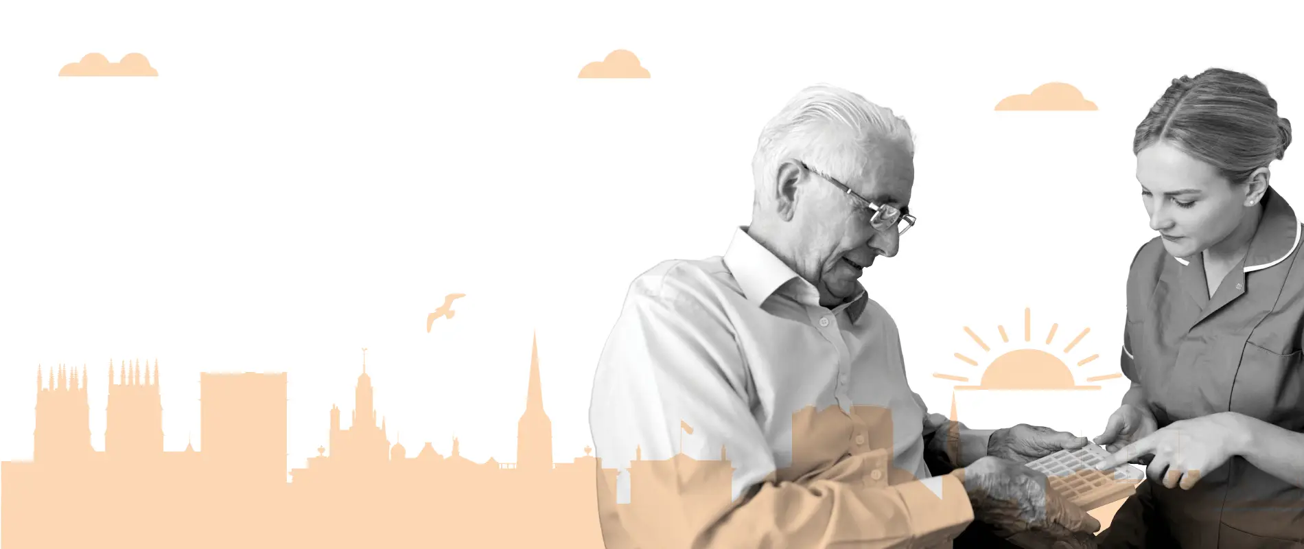 Image showing a female carer over a background silhouette of the York skyline